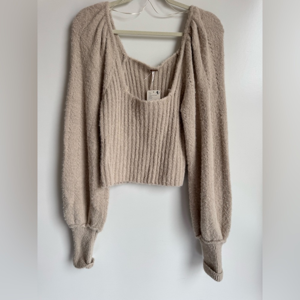 Free People Katie Rib Pullover Sweater Large Sand Balloon Sleeve Rib Cropped - Picture 2 of 11